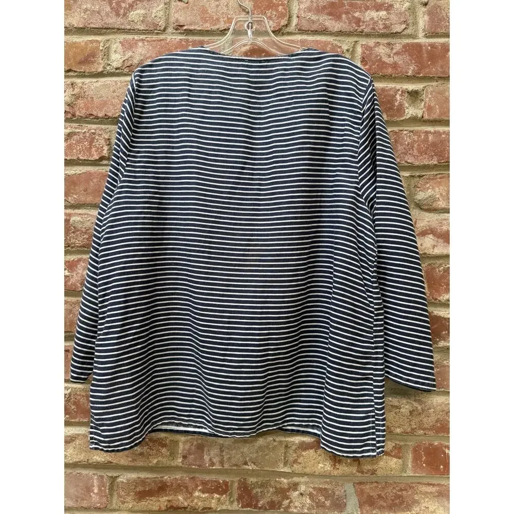 Talbots Womens Blue White Stripe Beaded Linen 3/4 Sleeve Petite XL PXL‎ Coastal